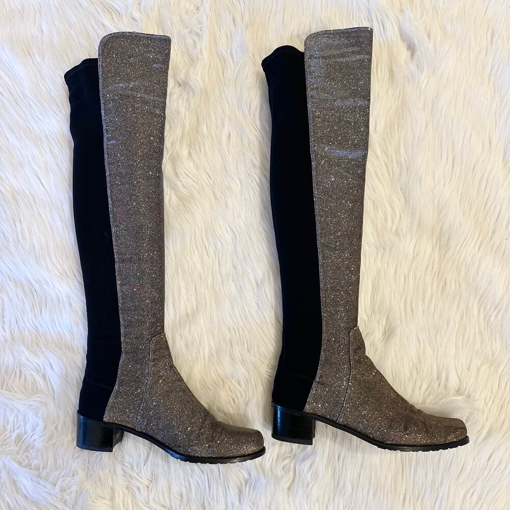 Stuart Weitzman 5050 Reserve Over the Knee High Boot Heeled Pyrite Glitter Black